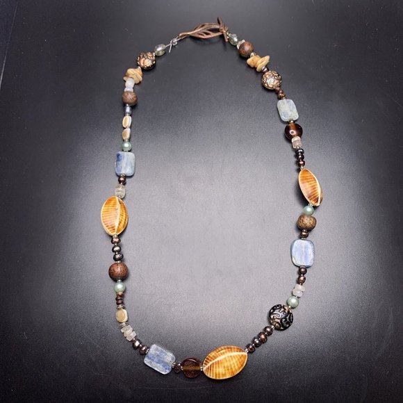 Beaded Necklace Gemstone Shell Glass Wooden Pearl Boho Copper Leaf Toggle - Picture 8 of 10